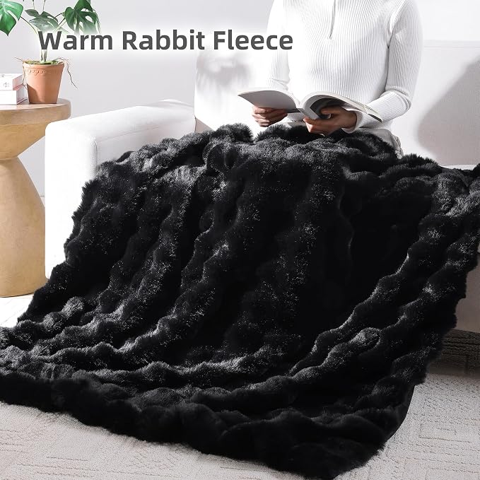 Faux Rabbit Fur Throw for Couch - Black Bubble Blanket 60"x80" | Fluffy Plush Fuzzy Throw for Sofa & Bed, Super Soft Cozy Comfrt Blanket, Luxury Aesthetic Black Decor Gift for Women