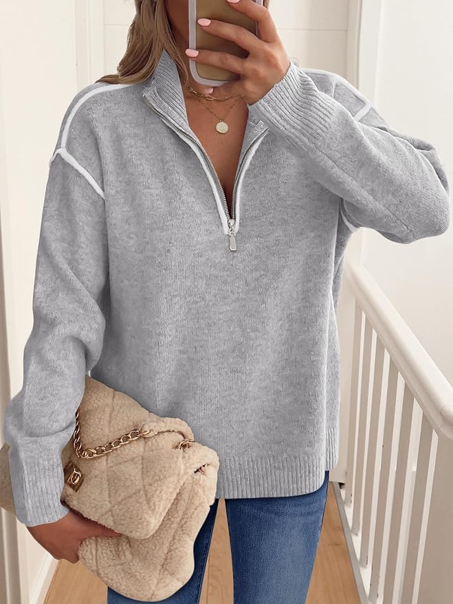 ANRABESS Womens Quarter Zip Sweaters Fall Long Sleeve V Neck Shirts Collared Business Casual Tops Knit Pullover Sweatshirts