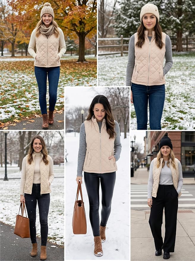 Fuinloth Women's Quilted Vest Lightweight Puffer Stand Collar Zip Gilet | 4 pockets with 2 inner storage. Quilted padded warm gilet. Fall winter outerwear layering vest for travel hiking daily wear.