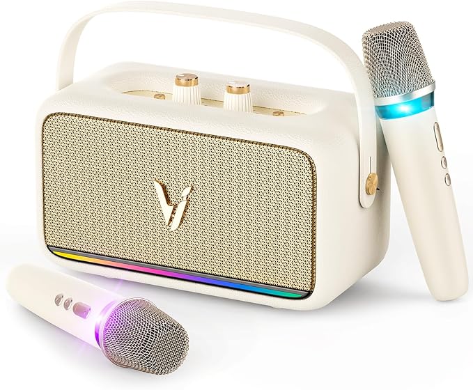 Karaoke Machine with 2 Wireless Mics & Soft Leather Wrap |mini Portable Bluetooth Speaker with 5 Voice Changer Modes for Home Party, AUX/USB/TF Support, for Kids and Adults