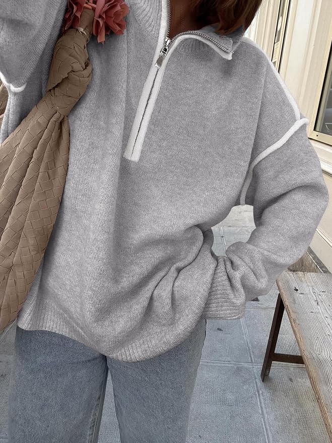 ANRABESS Womens Quarter Zip Sweaters Fall Long Sleeve V Neck Shirts Collared Business Casual Tops Knit Pullover Sweatshirts