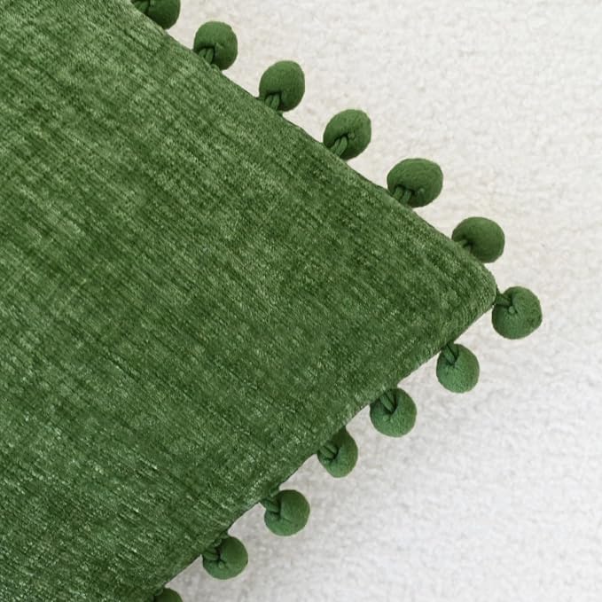 CaliTime Decorative Couch Throw Pillow Covers 18 X 18 Inches Forest Green | Pack of 2, Cozy Chenille Cushion Cases, with Pom Poms for Sofa Bed Living Room Farmhouse Home