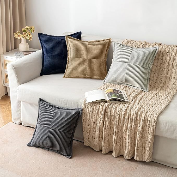 MIULEE Decorative Throw Pillow Covers for Couch 16x16 Inch Khaki 2 Pack | Boho Broadside Striped Patchwork Pillow Covers, Soft Corduroy Cushion Cases, For Sofa Bed Livingroom Home Decor