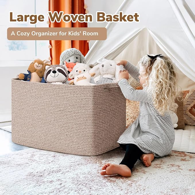 Goodpick 105L Extra Large Woven Rope Blanket Basket, Rectangle, Brown | 25'' x 16'' x 16'' Storage Basket for Blankets, Clothes & Pillows, Living Room & Bedroom Organization, Reinforced Handles