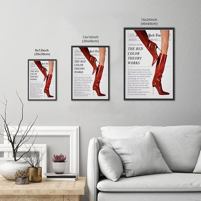 Vintage Color Theory Newspaper Poster Retro Fashion Red Boots Canvas Wall Art Funky Girl Room Decor Feminist Quote Print Wall Decor Aesthetic for Girly Bedroom Home Dorm 24x36inch Black Framed