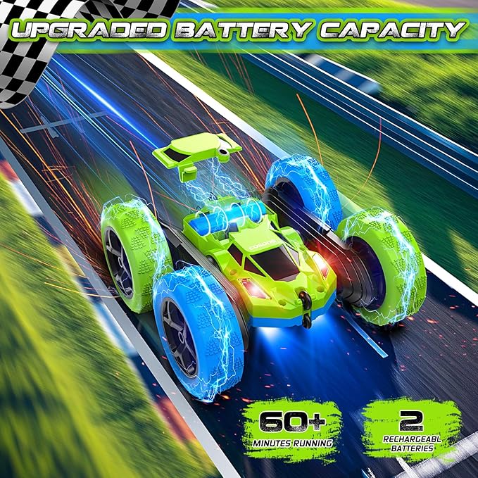 cosone Remote Control Car Toys for Boys - 4WD 2.4Ghz Double Sided 360° Rotating All Terrain RC Cars with Cool Lights, Kids Birthday for Boys-Blue&Green