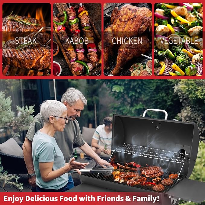 Kendane Barrel Charcoal Grill, Large Charcoal Grills with Side Shelf, Outdoor BBQ Grill,Perfect for Backyard Camping, Patio Parties and Picnics