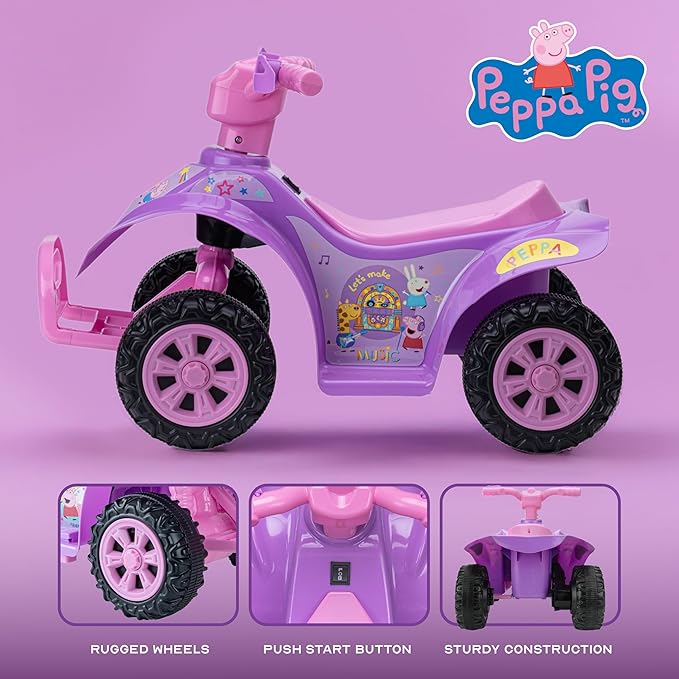 Peppa Pig - 6V Quad for Kids - Powerful and Safe Ride-On Toy with Rechargeable Battery - Forward and Reverse Driving - Max Weight Capacity of 55 LBS - Ages 2-3 Years