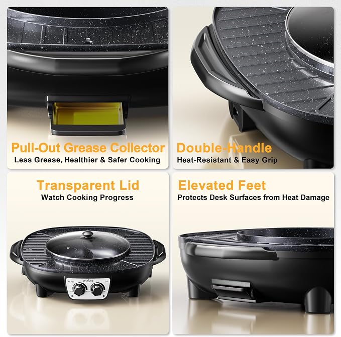 Stariver Hot Pot Electric with Grill 2 in 1, Korean BBQ & Shabu Shabu Pot | Smokeless Indoor Grill, Non-Stick, 1800W Fast Heating, Dual Temp Control, Perfect for Family Dinner, Friends Party, Holiday