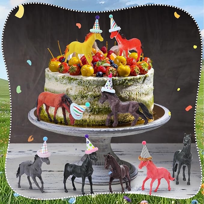 18 Pcs Horse Birthday Party Decorations Mini Birthday Hat Animal Figure Model Cake Toppers with Mini Hat for Birthday Party, Animals Themed Party