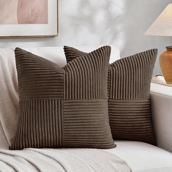 Fancy Homi 2 Packs Dark Brown Decorative Throw Pillow Covers 12x12 Inch with for Living Room Couch Bed, Rustic Farmhouse Boho Home Decor, Soft Corss Patchwork Corduroy Square Cushion Case 30x30 cm