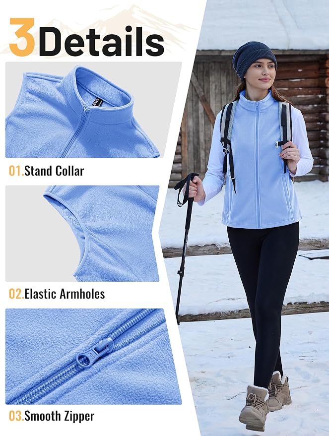 TACVASEN Women's Fleece Vest Lightweight Sleeveless Zip Jacket Outerwear | Soft Polar,Zipper Pockets,Stand Collar,Fall Winter Warm,Outdoor,Athletic,Running,Hiking,Travelling,Golf,Work