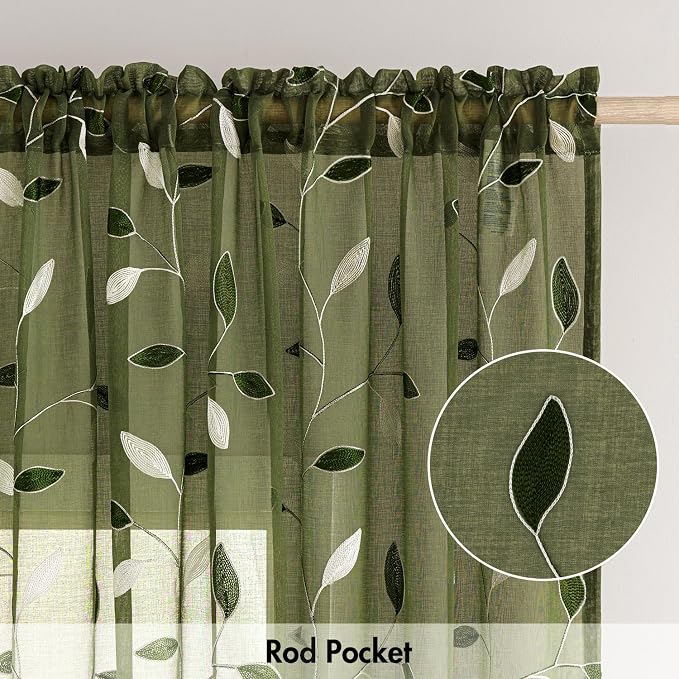 MIULEE Olive Green Sheer Curtains 2 Panels Embroidered Leaf Patterned Rod Pocket Floral Semi Faux Linen Window Curtains Drapes Set for Living Room Bedroom Dining Room, 52x63 Inches Long