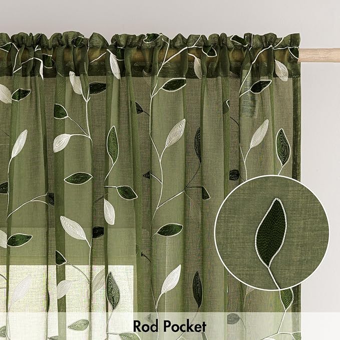 MIULEE Olive Green Sheer Curtains 2 Panels Embroidered Leaf Patterned Rod Pocket Floral Semi Faux Linen Window Curtains Drapes Set for Living Room Bedroom Dining Room, 52x84 Inches Long