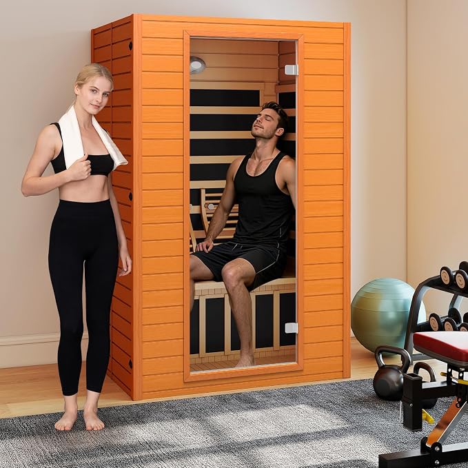 Real Relax Infrared Sauna, 2 Person Low EMF FAR Infrared Saunas for Home, Indoor Personal Canadian Hemlock Wood Sauna with 9 Chromo Therapy Lights, Bluetooth Speakers for Home & Gym Spa