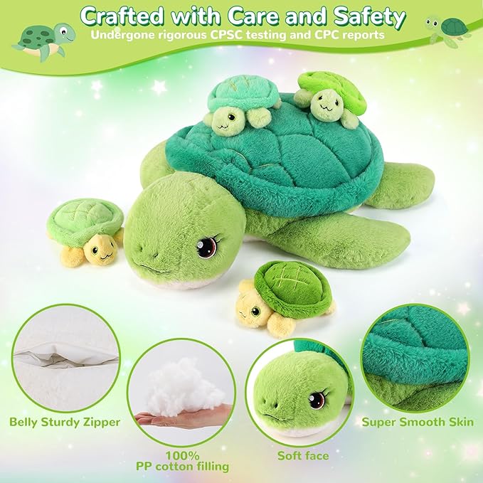 5 Pieces Turtle Stuffed Animals - 1 Mommy Stuffed Turtle with 4 Babies - Tortoise Gifts for Girls Age 3-8, Tortoise Plush Toys for Christmas, Valentine's, Birthday Gifts