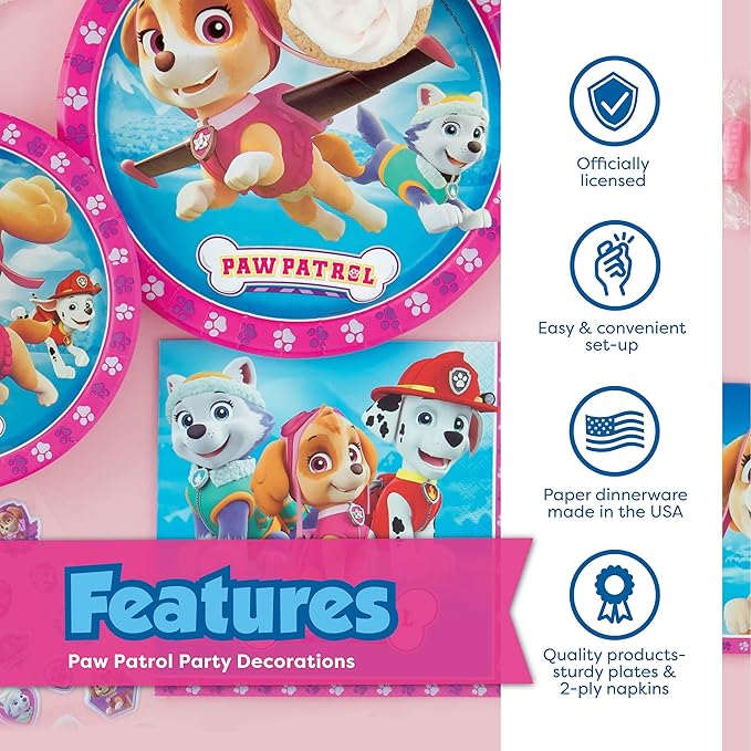 Pink Paw Patrol Plates and Napkins for 32 | Pink Skye Paw Patrol Birthday Decorations for Party | Officially Licensed