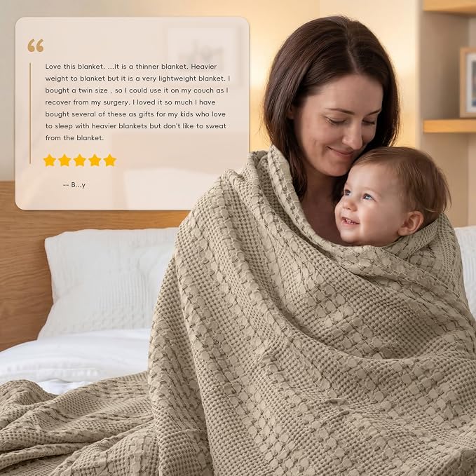 PHF 100% Cotton Waffle Blanket Twin Size, Lightweight Breathable Summer Blanket for Hot Sleepers, Pre-Washed Soft Layer for Bed, Dorm, Couch & Guest Room, Home Decor Gift, 66"x90", Taupe