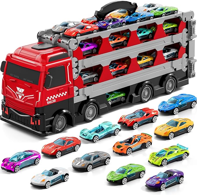 78 inches Transport Truck with 24pcs Die-Cast Cars Toys, Cars Toddler Toys Gifts for 2-7 Years Old Boys & Girls, Blue Modern Truck Toys