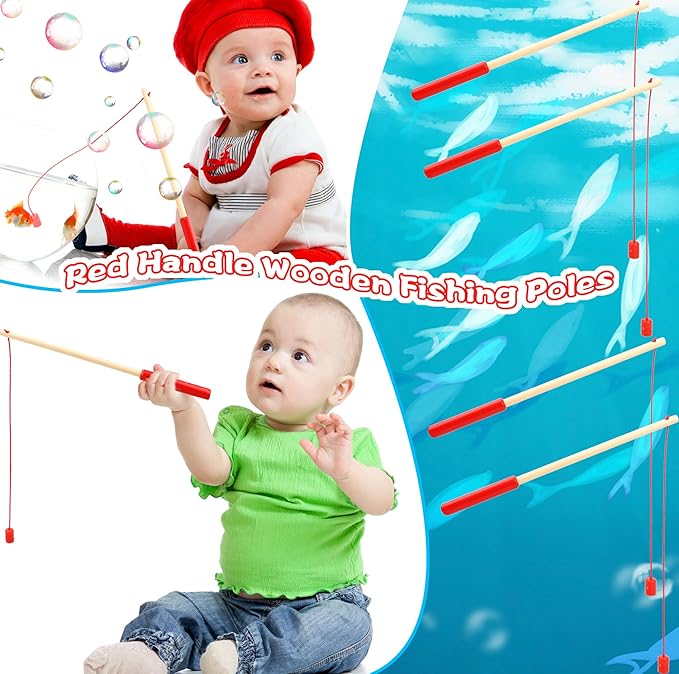 12 Pcs Magnet Fishing Rod Wooden Magnetic Fishing Poles Funny Fishing Pole Toys for Kindergarten Preschool Girl Boy Pool Activity Accessory