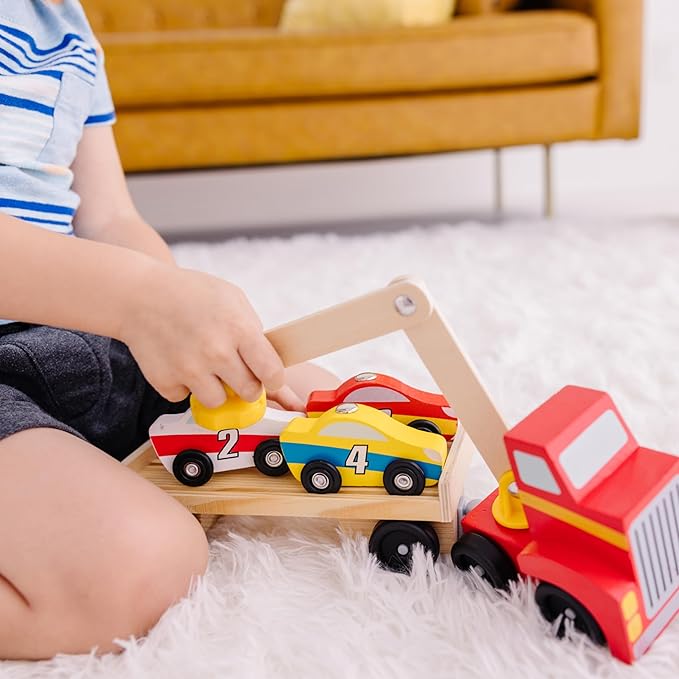 Melissa & Doug Magnetic Car Loader Wooden Toy Set with 4 Cars and Toy Truck - Pretend Play and Race Car Fun for Preschool Toys, Ages 3+