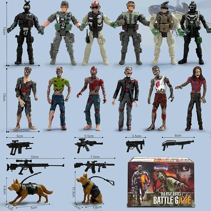 Army Men VS Zombie Action Figures, Realistic 6 Zombie Toys Playset 6 Army Toy Set with Weapons 2 Dog Figures, Halloween Decor for Boys 4-7 (14PCS)