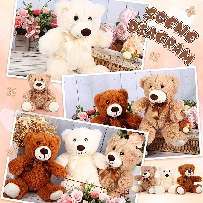 HyDren 12 Pieces Valentines Bears Stuffed Animals Soft Plush Toy Bears for Birthday Party Easter Wedding Baby Shower Christian Charity Donation Supplies(White, Brown, Khaki)