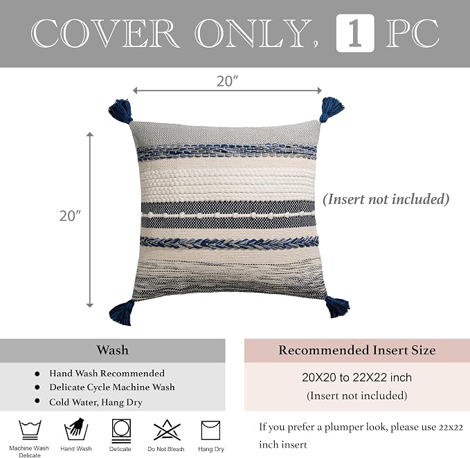 Navy Dark Blue Decorative Throw Pillow Cover 20x20 Square Boho Accent Pillowcase Tassels Farmhouse Cushion for Couch Sofa Bedroom Living Room Home Décor Cover ONLY
