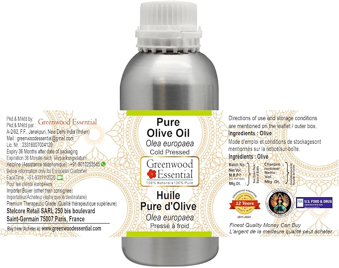 Greenwood Essential Pure Olive Oil (Olea europaea) Cold Pressed 630ml (21 oz)
