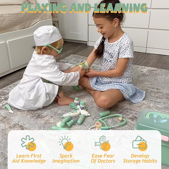 Liberry Doctor Kit for Toddlers 3 4 5 Years Old, 30-Piece Kid Doctor Toy with Stethoscope, Costume, Green Medical Pretend Play Gift for Girls Boys