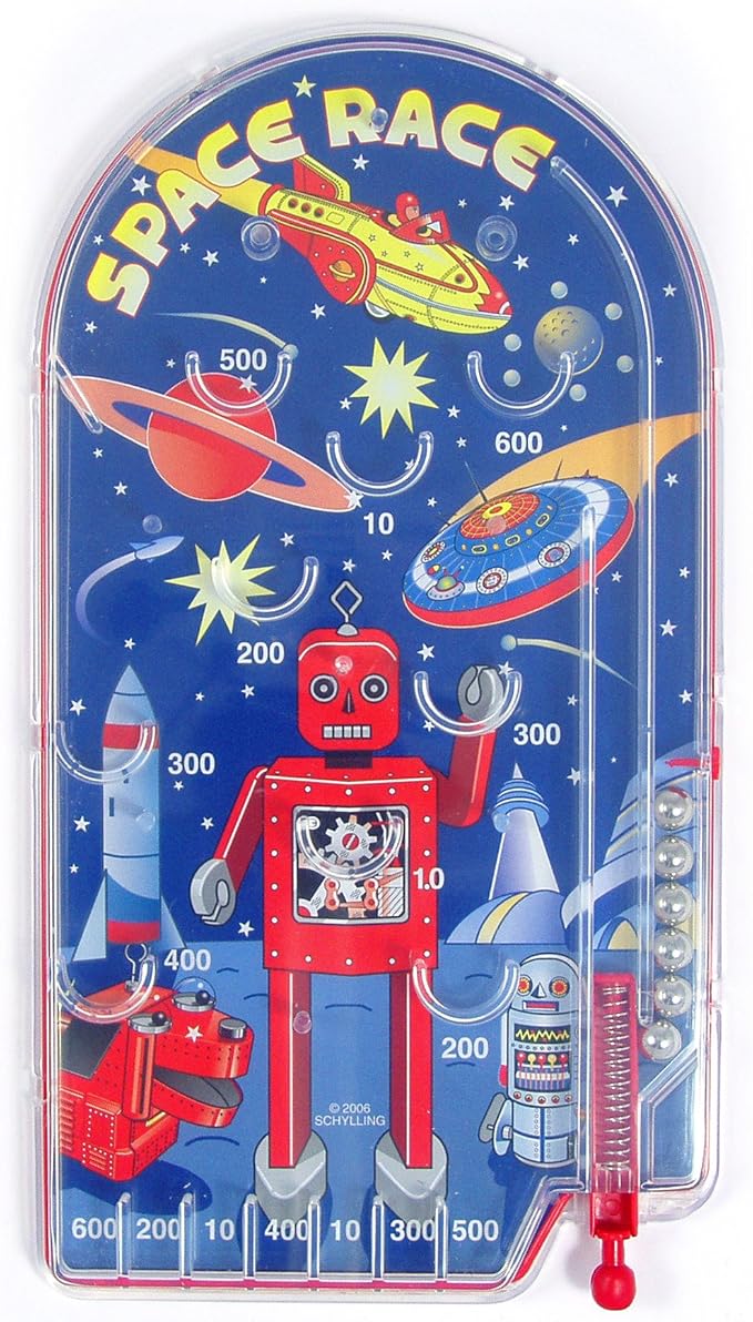 Schylling Space Race Pinball Game - Portable Retro Pinball Toy - Sturdy Construction with Lever, Metal Balls, and Classic Space Design - Ages 3 and Up