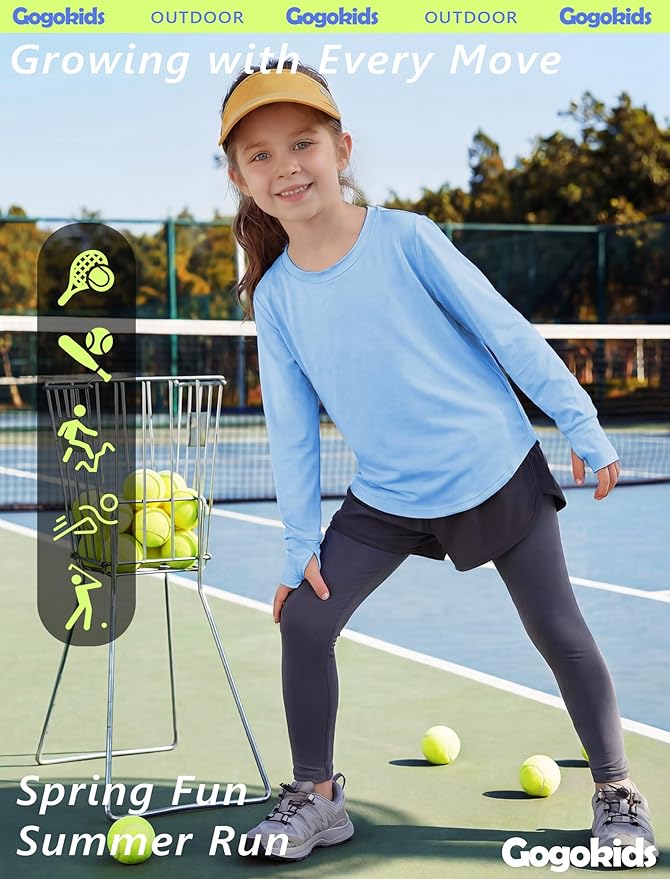 Gogokids Girls Shirts Long Sleeve Athletic Shirts Open Back Tops Active Sports Tshirts Yoga Workout Crop Tees 5-14 Years
