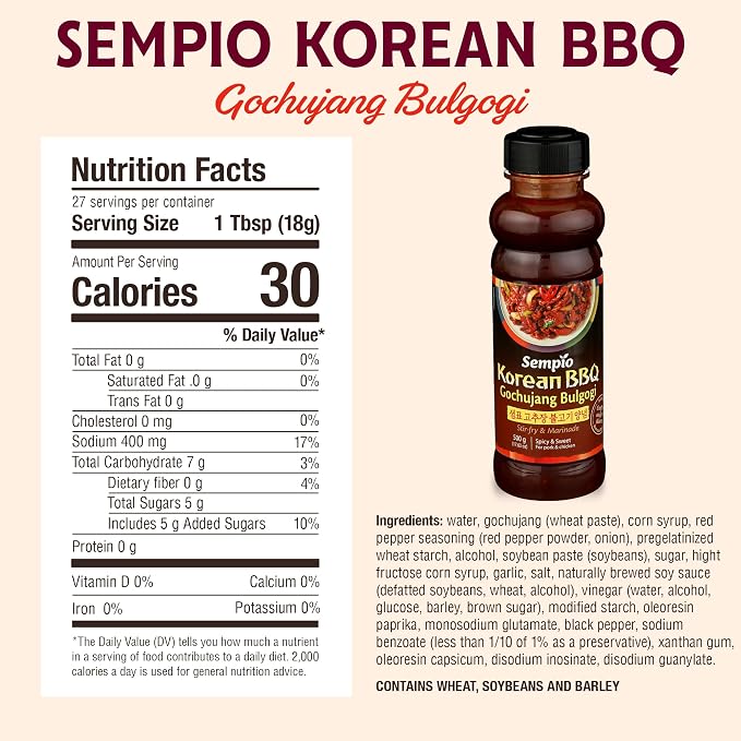 Sempio Korean BBQ Gochujang Bulgogi Marinade, 17.63oz / 500g | Spicy & Sweet with Authentic Gochujang and Korean BBQ Sauce, Perfect for Stir-Fry & Grilled Meats, Zero Trans Fat