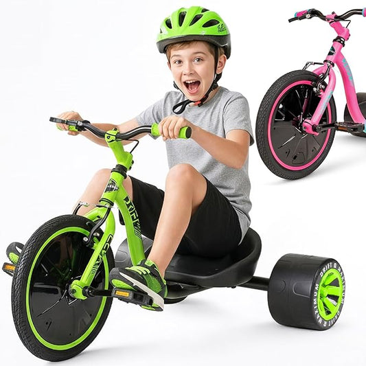 Drift Trike for Kids Ages 5+ 16" Front Wheel Ride-On with Adjustable Seat, Steel Frame, Rear Slick Drift Wheels & Safety Flag – Madd Gear Green Black