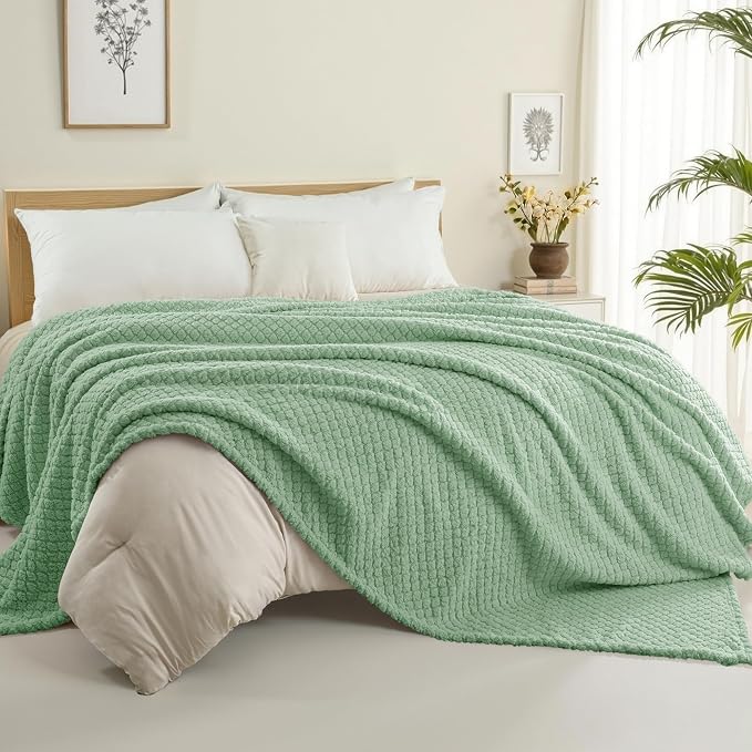 Exclusivo Mezcla Soft Fleece Twin Size Blanket for Bed, Sage Green | Jacquard Lightweight Cozy Bed Blanket, Breathable Decorative Fuzzy Textured All Season Use, 60x80 Inches