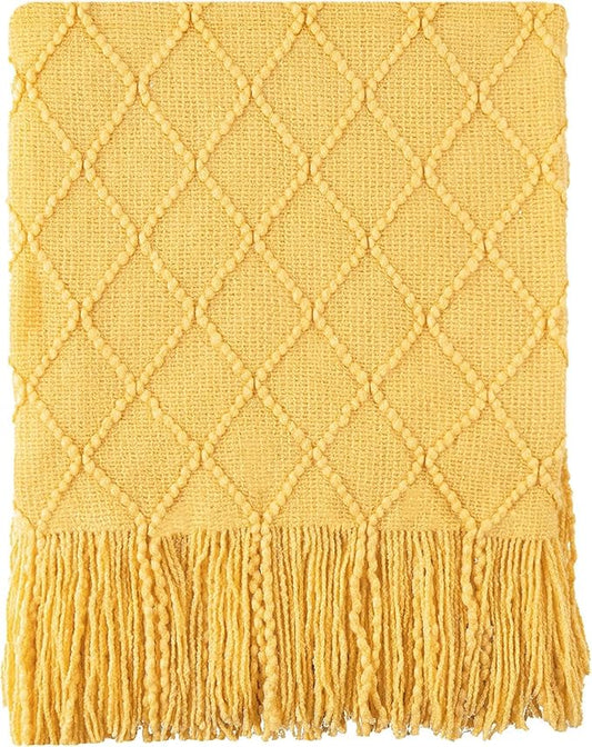 BATTILO HOME Yellow Throw Blanket with Fringe, Gold Bed Throws Spring Decorative Large Throw for Couch Sofa Indoor Outdoor (Yellow, 52"x80")