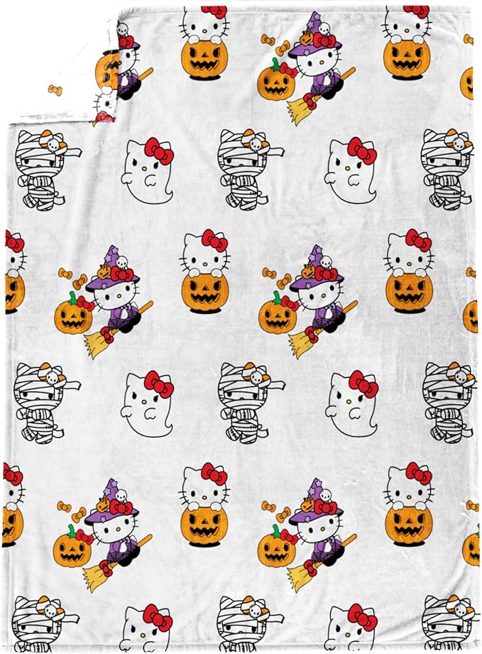 Jay Franco Halloween Plush Throw Blanket – 50x70 Inch Ultra Soft & Comfy Fleece Throw for Couch, Sofa, Bed – Cozy Home Décor for Living Room & Bedroom, White - Hello Kitty