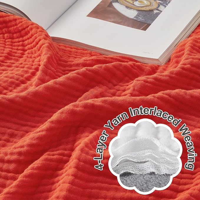 EMME Muslin Blankets for Adults Throw Blanket for Couch Breathable Gauze Soft Lightweight Airy Orange Rust Throw XL 50" x 71"