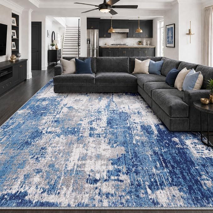 RELEANY Washable 9'x12' Abstract Area Rug for Living Room Blue Gray | carpet for bedroom, kitchen, office, hallway and entryway, printed pattern, non-slip, soft, stain-resistant, easy to clean
