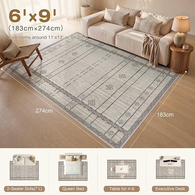 cotiled 6x9 Area Rugs Living Room Rug: Washable Boho Rugs with Non Slip Backing Large Soft Indoor Stain Resistant Carpet for Bedroom Farmhouse Dining Room Lightweight Home Decor Grey Brown