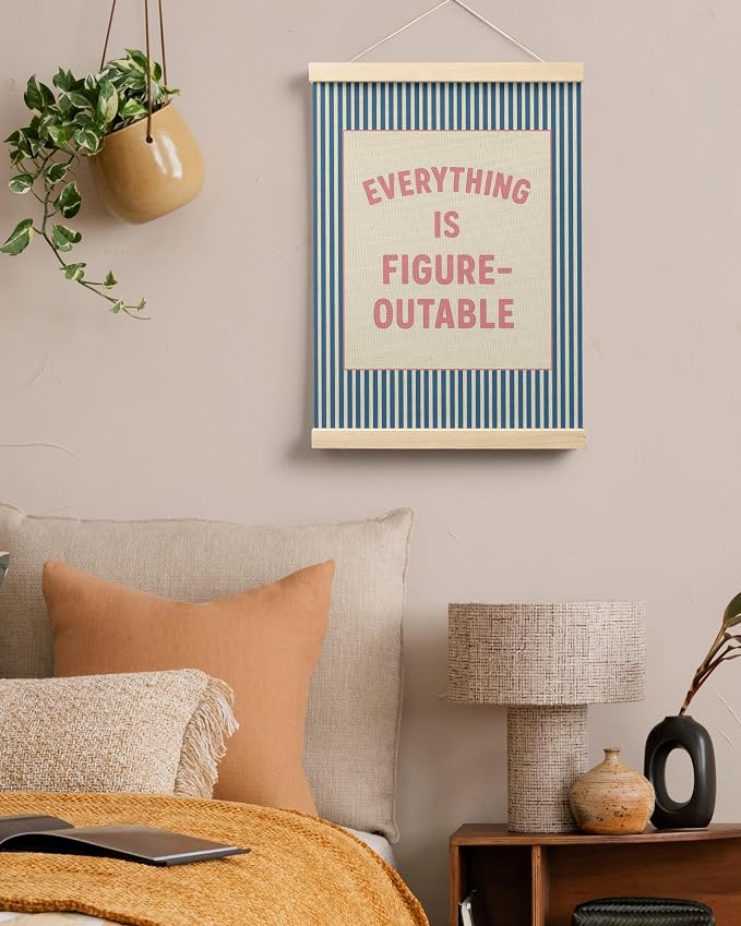 FGFK Everything is Figureoutable Positive Affirmations Wall Art Poster Hanger Frame, Retro Pink and Blue Inspirational Striped Canvas Prints Framed Wall Decor for Office Classroom Home, 12x16 Inch