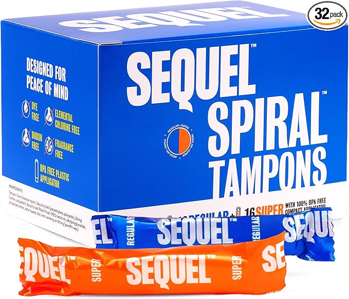 Sequel Spiral Tampons for Women, Regular and Super Absorbency, 32 Count Combo, Patented Helical Design, BPA Free Compact Plastic Applicator, Dye Free, Fragrance Free, Unscented