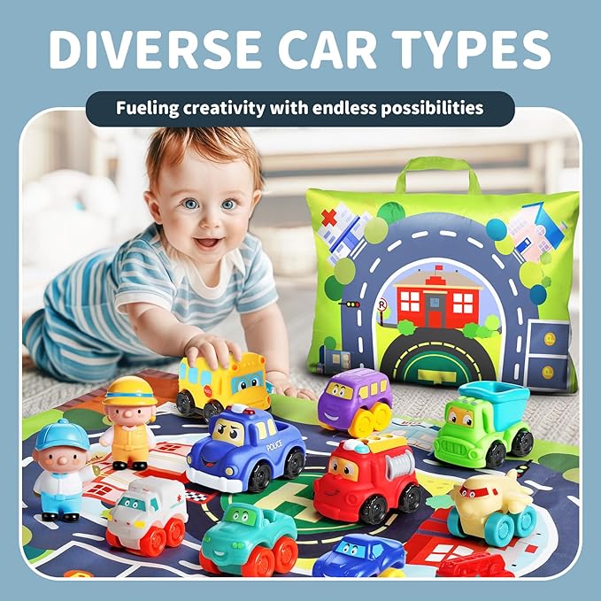 ALASOU 12 PCS Soft Rubber Car Toys for 1 Year Old Boy with Playmat/Storage Bag|Baby Toys 1 Year Old Boy Gifts for Toddler Toys 1-2|1st Birthday Gift for Infant 12 18 Months