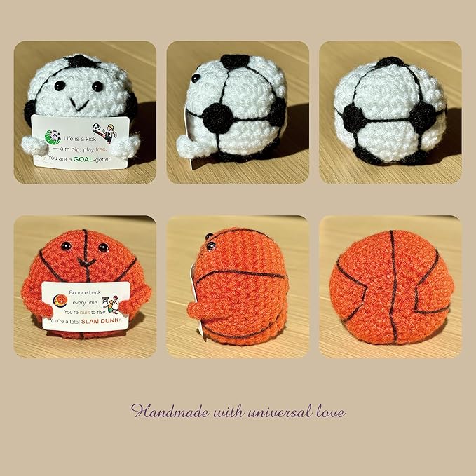 3-PCS | Sports Mania Crochet Set | Basketball Football Rugby Positive Plush | Handmade Emotional Stuffed Toys with Wooden Stand & Inspirational Cards | Mental Health Decor Gift for Fan Teens Adults