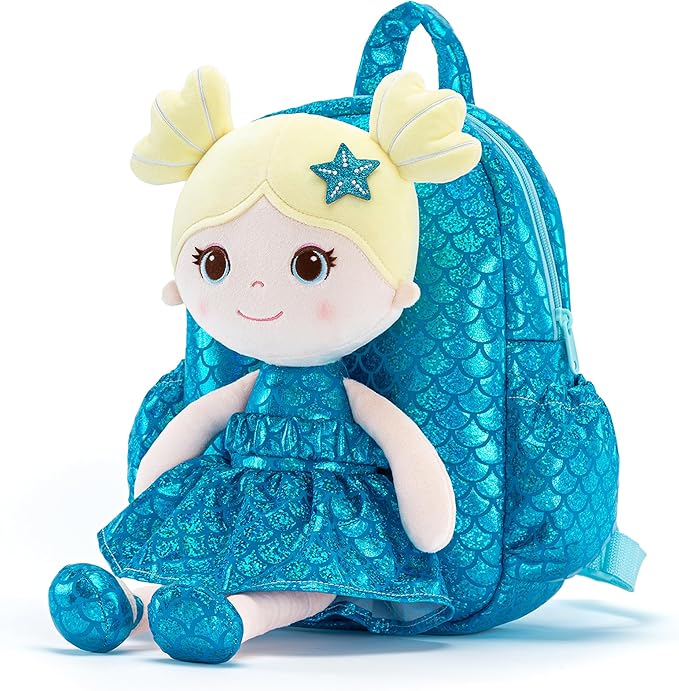 Lazada Toddler Backpack - Baby Girl Gifts Plush Doll Dress Backpack - Fashion Girls Tina Fish Scale Series - Blue 11Inches