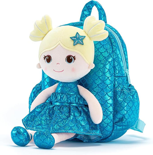 Lazada Toddler Backpack - Baby Girl Gifts Plush Doll Dress Backpack - Fashion Girls Tina Fish Scale Series - Blue 11Inches
