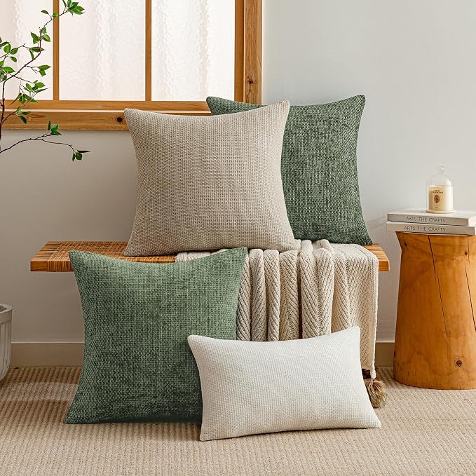 a moment Moss Green Chenille Throw Pillow Covers 18x18 Inch Pack of 2 Modern Decorative Throw Pillow Covers Farmhouse Cross Covers Home Decor for Sofa Bedroom Living Room