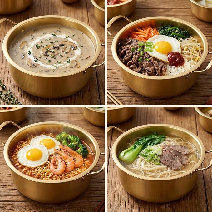 2 Pack Korean Ramen Pot With Lid, Korean Ramen Noodle Pot with Handles, Koreans Noodle Cooker with tableware, Koreans Pots Stainless Steel Cooking Pots, Golden KoreanCookingPot(7", 8")