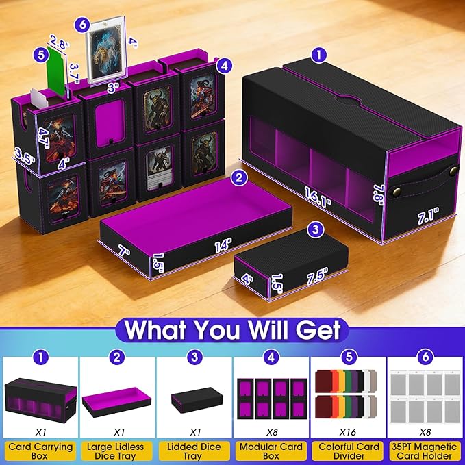 Cortile Commander Deck Box for MTG, 10 IN 1 Card Deck Box with 8-Deck Modular Card Case and 2 Dice Trays Holds 1040+ Double-sleeved Cards, Removable MTG Deck Box with Handle for TCG/EDH, Black Purple