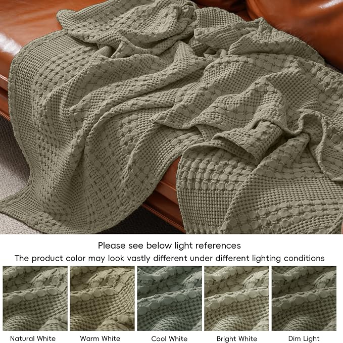 PHF 100% Cotton Waffle Weave Blanket Queen Size, Lightweight Breathable Summer Blanket for Hot Sleepers, Pre-Washed Soft Layer for Bed, Couch, Aesthetic Home Decor & Gift, 90"x90", Dusty Sage